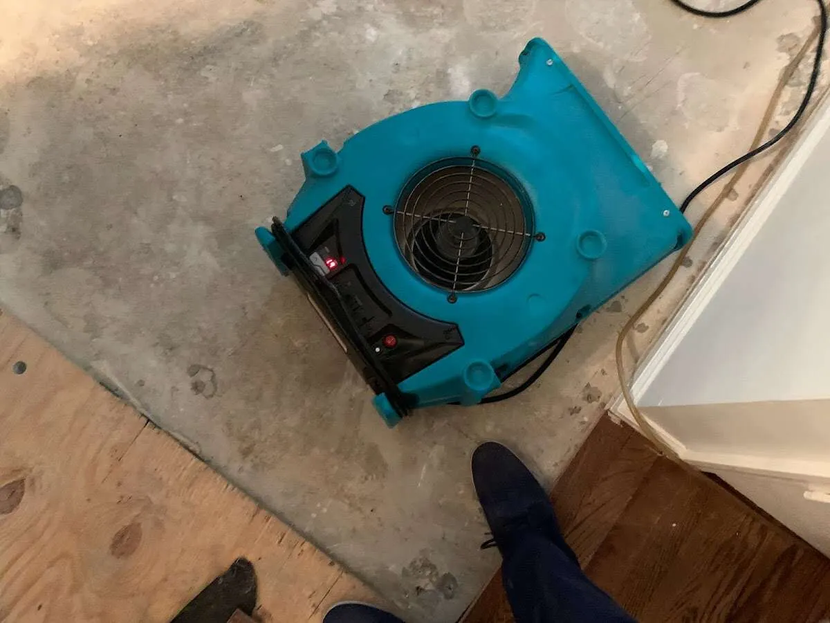 Air mover drying subfloor during Commercial Water Damage Restoration in Mount Holly
